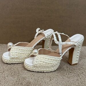 Elegant Pearl-Embellished White Heels